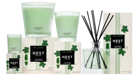 The Nest Cucumber & White Sage Scent Collection, featuring candles, boxes, and a reed diffuser, brings a refreshing wellness fragrance that uplifts any space.