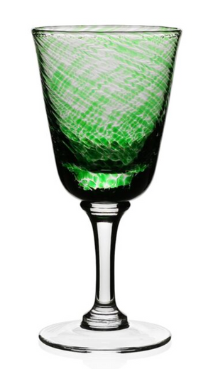 A textured green glass goblet with a patterned bowl, slender stem, and round base from the Vanessa Green Collection by William Yeoward Crystal, shown against a white background.