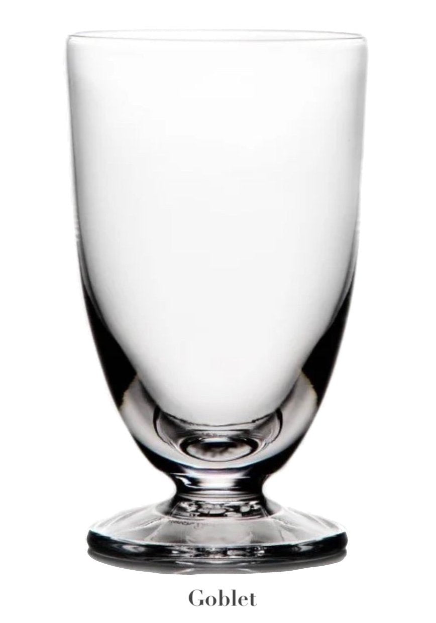 A clear goblet from the Simon Pearce Barre Drinkware Collection, featuring a wide bowl and sturdy base, is displayed on a white background. The word "Goblet" appears below the image.