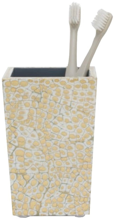 A rectangular toothbrush holder from Pigeon & Poodle's Callas Bath Collection features an elegant mosaic pattern and holds two white toothbrushes.