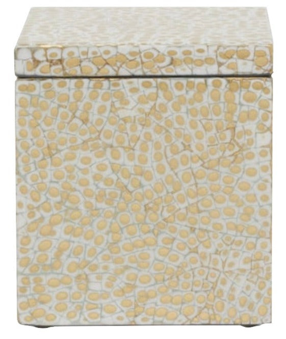 Square box with lid from the Pigeon & Poodle Callas Bath Collection, elegantly covered in light beige and white mosaic tiles, displayed against a plain background.