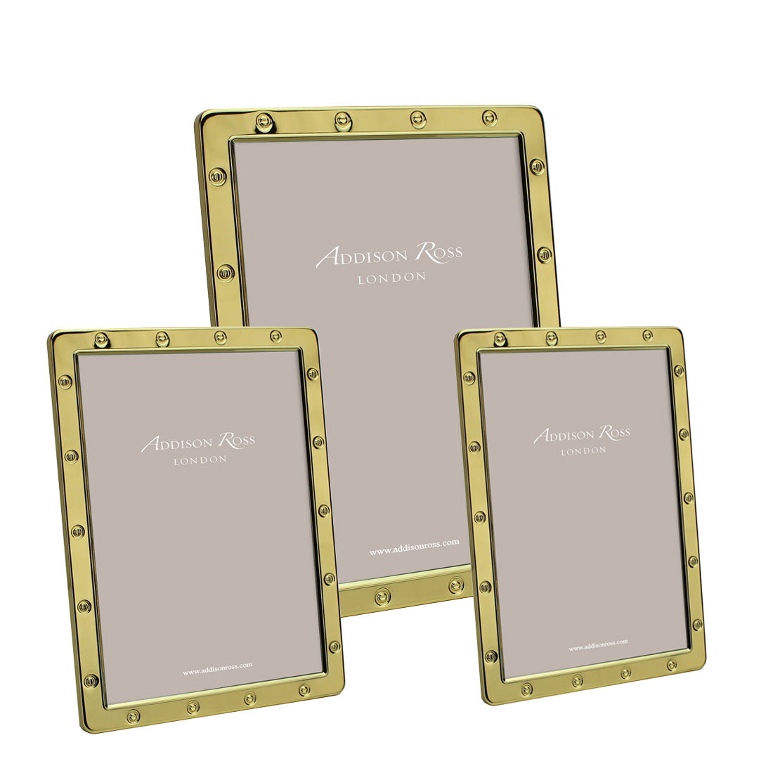 The Gold Locket Frame Collection by Addison Ross includes three gold-plated frames with studded edges and velvet backstands. Each comes beautifully gift boxed, making them perfect for any occasion. Placeholder text reads "Addison Ross London.