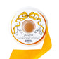 A spool of Hester & Cook’s Fancy Ribbon in yellow satin, ideal for gift wrapping, featuring playful packaging with illustrations of scissors and bows.