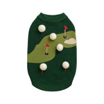 The Icon Sweater by Found My Animal is a playful dog sweater featuring a golf course design with flags, sand bunker, and attached white balls as golf balls.