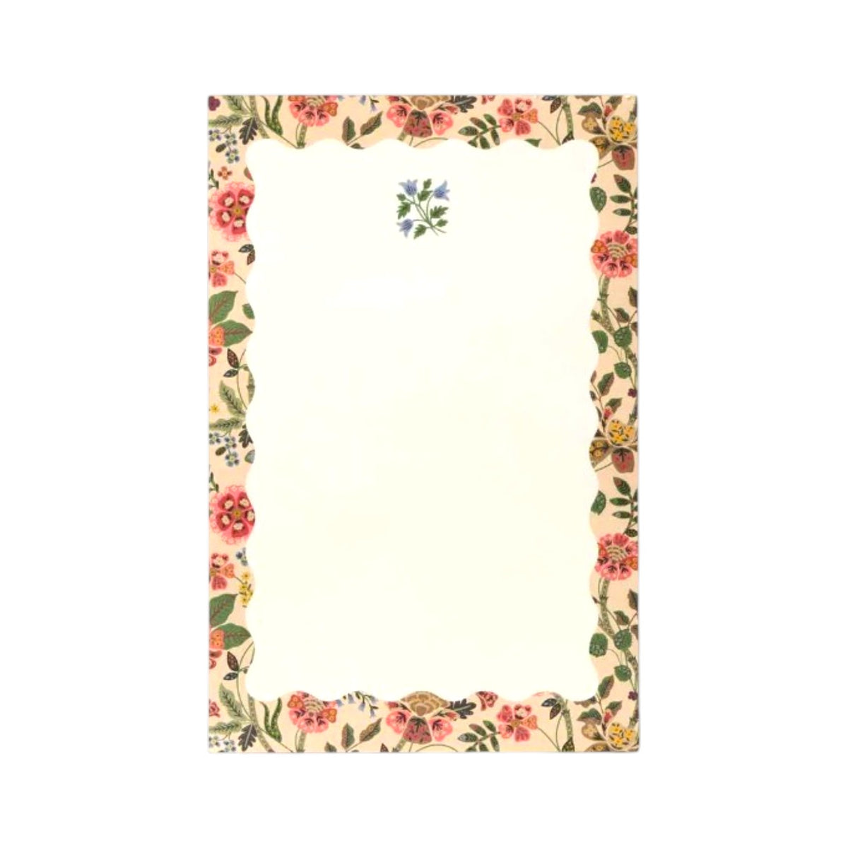 The Gracie Notepad by Rifle Paper Co. features a rectangular design with a scalloped floral border and a small blue flower motif at the top center on a clean white background, making it perfect as an illustrated notepad or a charming to-do list.