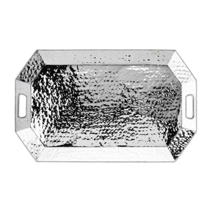 The Juliska Graham Bar Tray & Stand features a rectangular hammered stainless steel tray with two cut-out handles, ideal for your barware collection, shown from above on a white background.