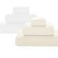 Two sets of ultra-soft, absorbent towels from the Graccioza Pearls Bath Collection—one in white, one in beige—are neatly stacked from largest to smallest on a plain white background.