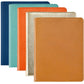 Four 9" Leather Notebooks by Graphic Image, in blue, teal, orange, gold, and brown, are arranged in a row with premium paper inside for an exceptional writing experience.