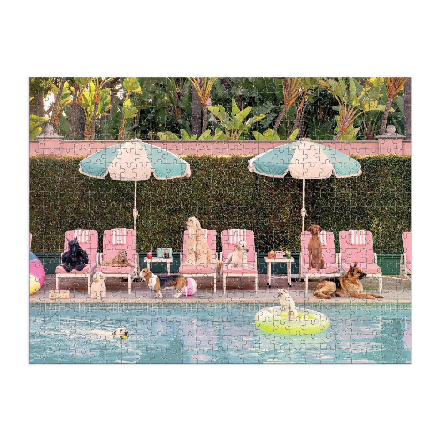 A scene reminiscent of Gray Malin's fine art is captured in the Gray Malin 500 Piece Puzzle, "The Dogs at the Beverly Hills Hotel" by Chronicle Books, showing dogs on pink chairs and under umbrellas by a pool with one dog swimming, against a hedge and tree backdrop.