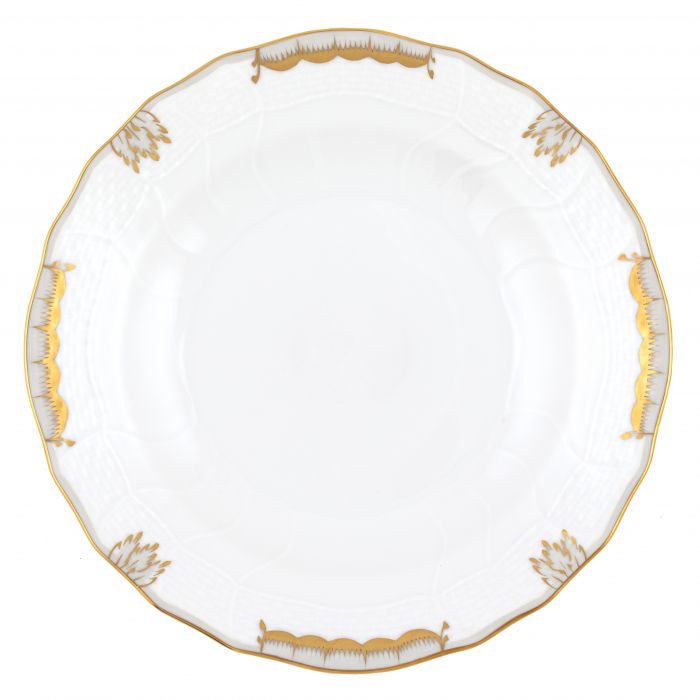 A white porcelain plate from the Herend Princess Victoria Gray Collection, featuring a scalloped edge and gold-accented rim, reminiscent of classic Herend elegance.