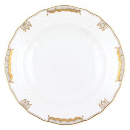 A white porcelain plate from the Herend Princess Victoria Gray Collection, featuring a scalloped edge and gold-accented rim, reminiscent of classic Herend elegance.