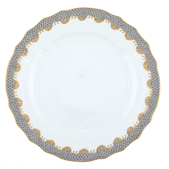 A Herend Fish Scale Gray Collection porcelain plate by Herend, with a scalloped edge and an intricate hand-painted pattern in grey and gold around the rim.