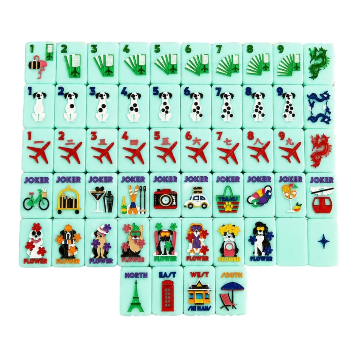 Light blue Bespoke x Gray Malin Mahjong Collection tiles featuring colorful illustrations of animals, travel icons, and floral patterns.