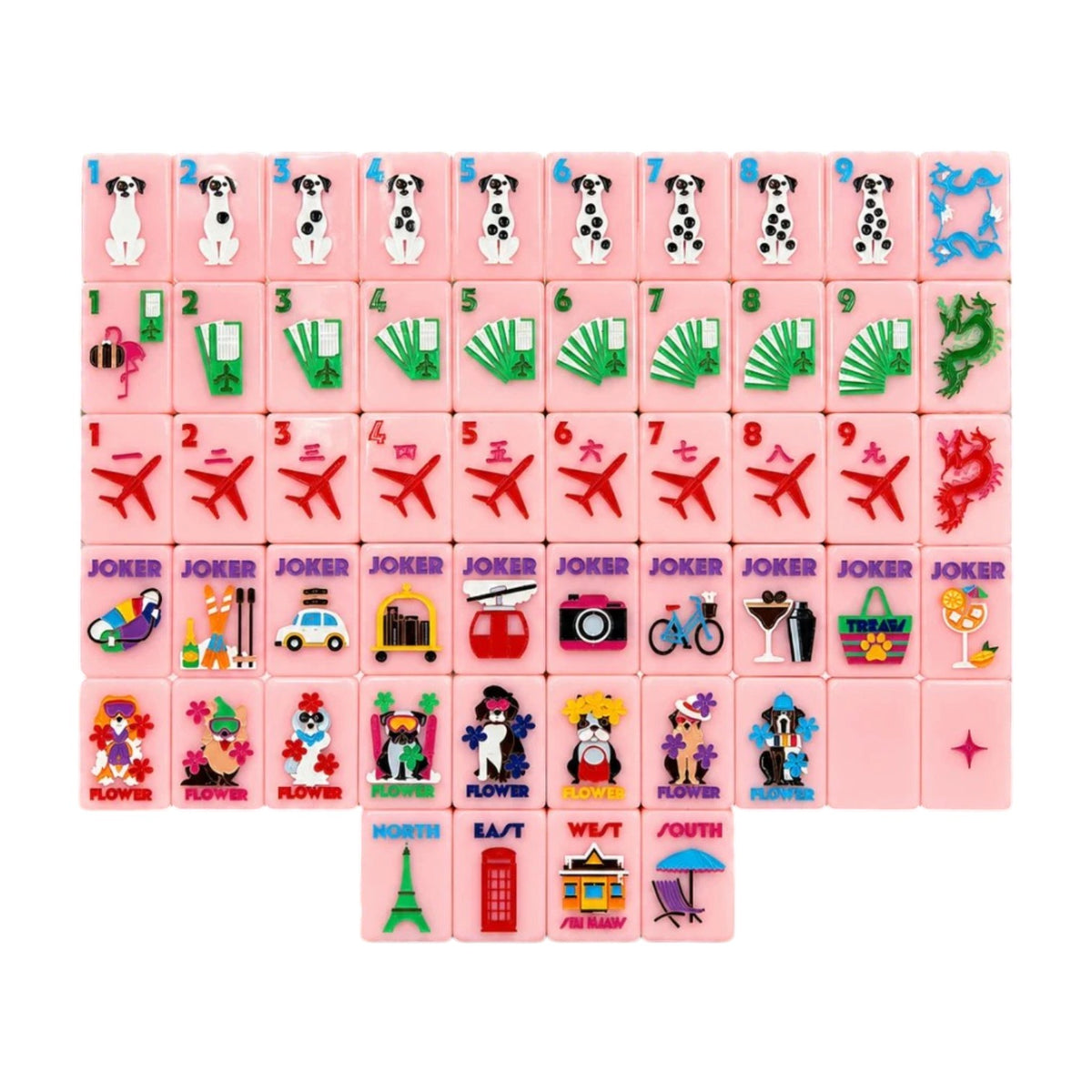 Pink Bespoke x Gray Malin Mahjong Collection tiles featuring colorful illustrations of dalmatians, airplanes, vacation icons, flowers, and cardinal directions.
