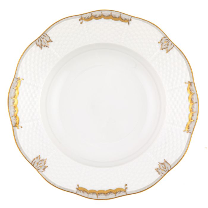 A white Herend Princess Victoria Gray Collection porcelain plate with a textured rim, featuring gold accents and floral patterns inspired by Queen Victoria’s classic style.