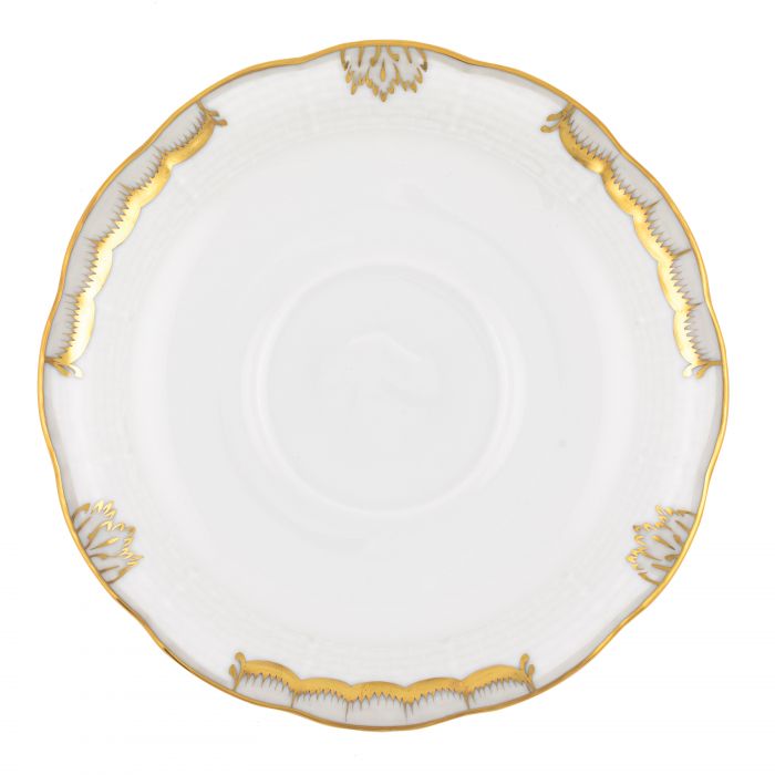 White porcelain saucer from the Herend Princess Victoria Gray Collection by Herend, featuring a scalloped edge, gold trim, and decorative border inspired by classic Herend designs.