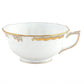 The Herend Princess Victoria Gray Collection teacup by Herend features white porcelain with gold trim, a decorative handle, scalloped edges, embossed pattern, and an elegant border inspired by Queen Victoria’s timeless style.