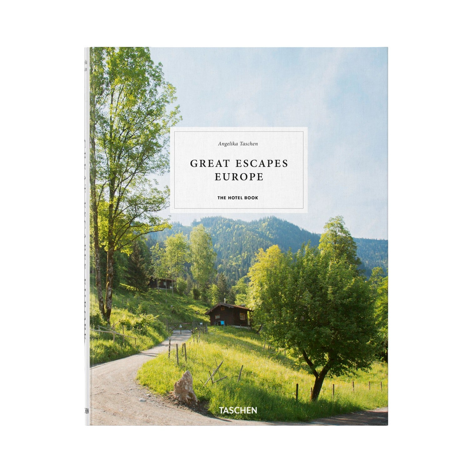 The cover of Taschen’s "Great Escapes" evokes a travel guide, featuring scenic landscapes and inviting readers to discover charming hotels tucked under a peaceful blue sky.