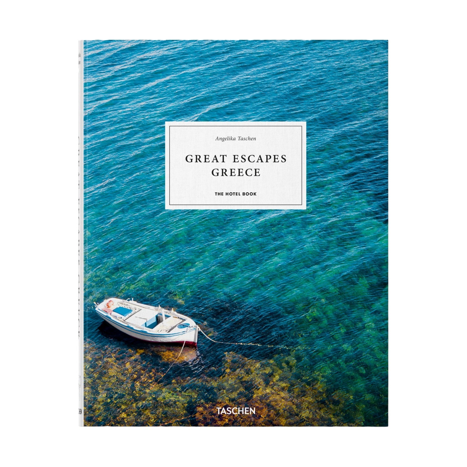 Great Escapes by Taschen: a book featuring inspiring hotel photography, with a cover showing a white boat on clear blue-green water—a stunning showcase of beautiful hotels in Greece.