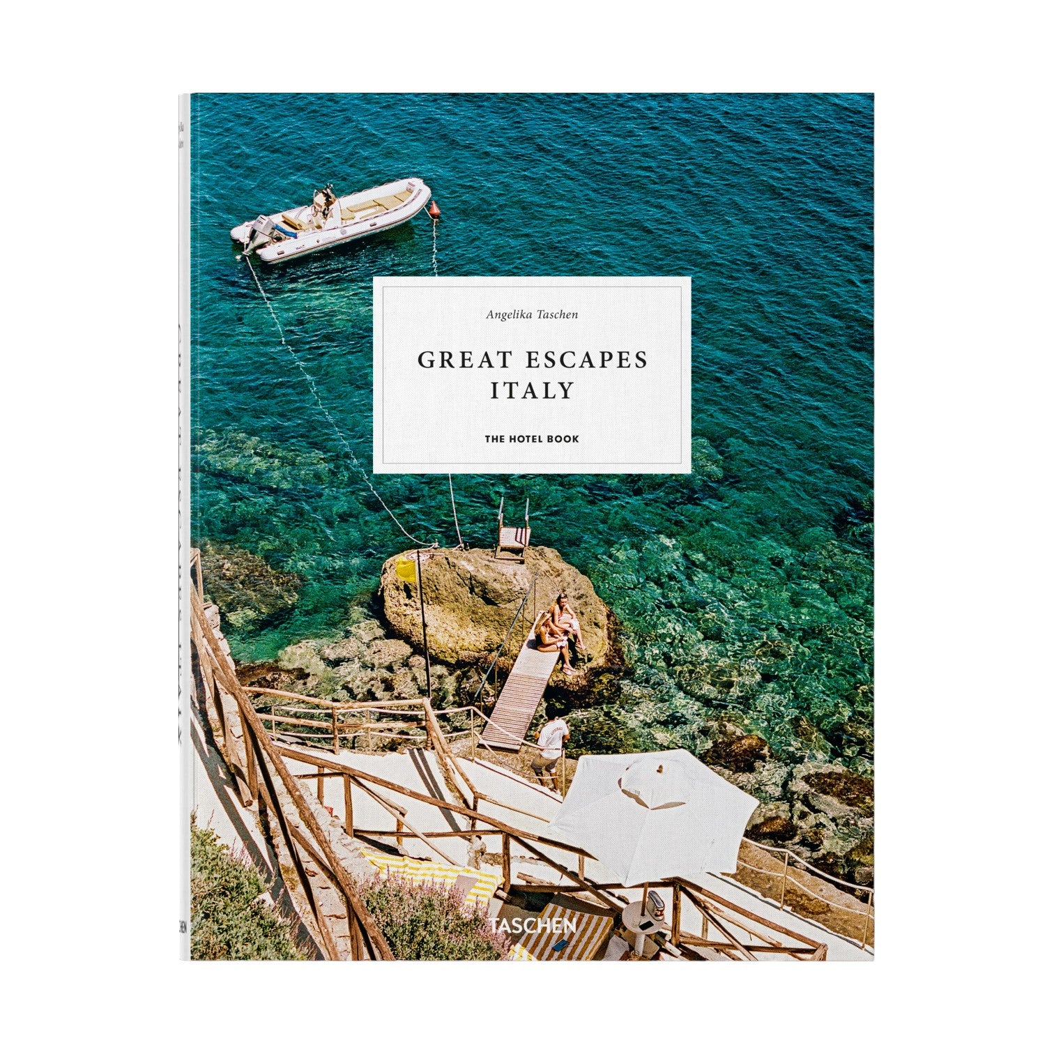The "Great Escapes" book by Taschen features a cover with clear blue water, a dock, a small boat, and a wooden staircase to the sea—ideal for those who love beautiful hotels and inspiring photography.