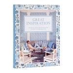The "Great Inspiration" book cover by Rizzoli shows a woman on a patterned sofa in a blue-themed room, capturing the decorating journey featured in the book.