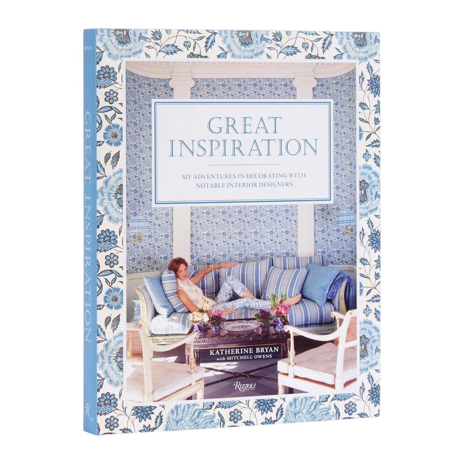 The "Great Inspiration" book cover by Rizzoli shows a woman on a patterned sofa in a blue-themed room, capturing the decorating journey featured in the book.