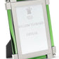 The Moss Green Classic Frame Collection by William Yeoward Crystal features a rectangular silver and green photo frame with a bright finish and stand—an elegant choice for displaying cherished photos.