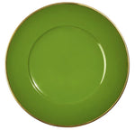 A round green charger plate with a gold border from the Charger Collection by Anna Weatherley, viewed from above on a white background, echoing the brand’s elegant design aesthetic.