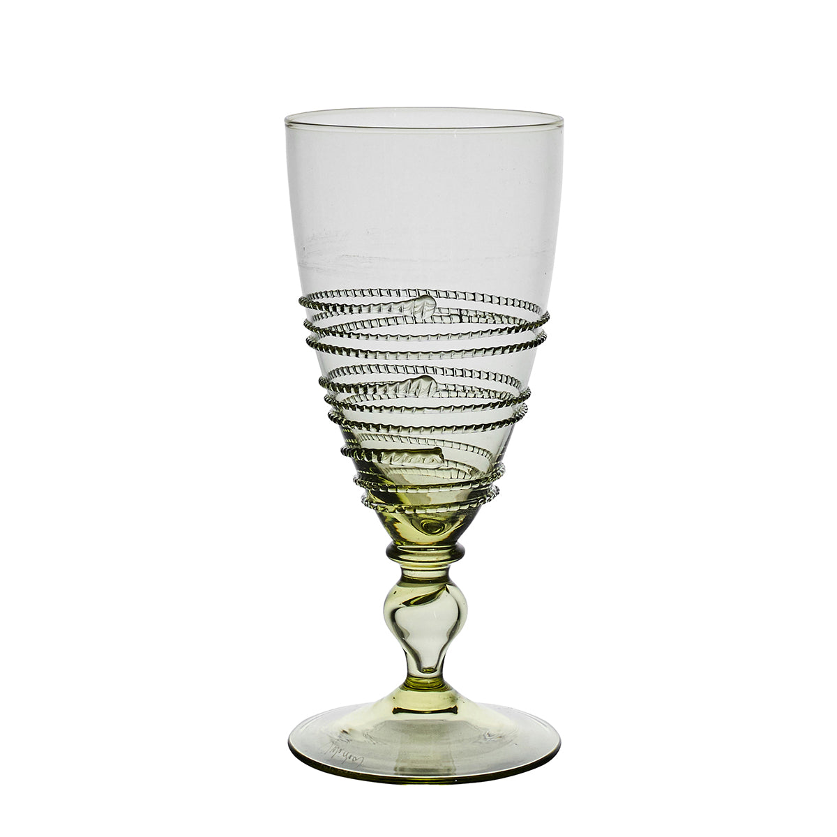 Part of the Ella Drinkware Collection by Juliska, this artisan glass goblet features a pale green tint, a spiral ribbed pattern around the bowl, and an elegant decorative stem. It is photographed on a white background.