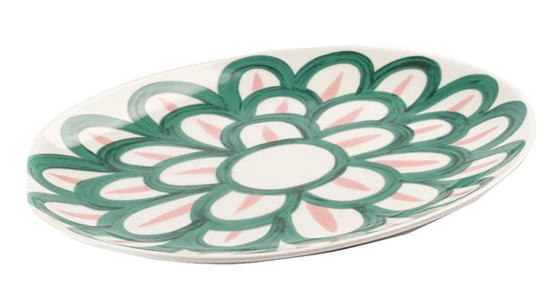 Oval fine porcelain plate with a green and pink Themis Z Symi flowery pattern.