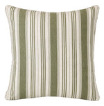 The Tasca Stripe Box Edge Pillow with Burlap Border by Hive Custom Pillows features vertical green and white stripes on luxury fabric, displayed against a white background.