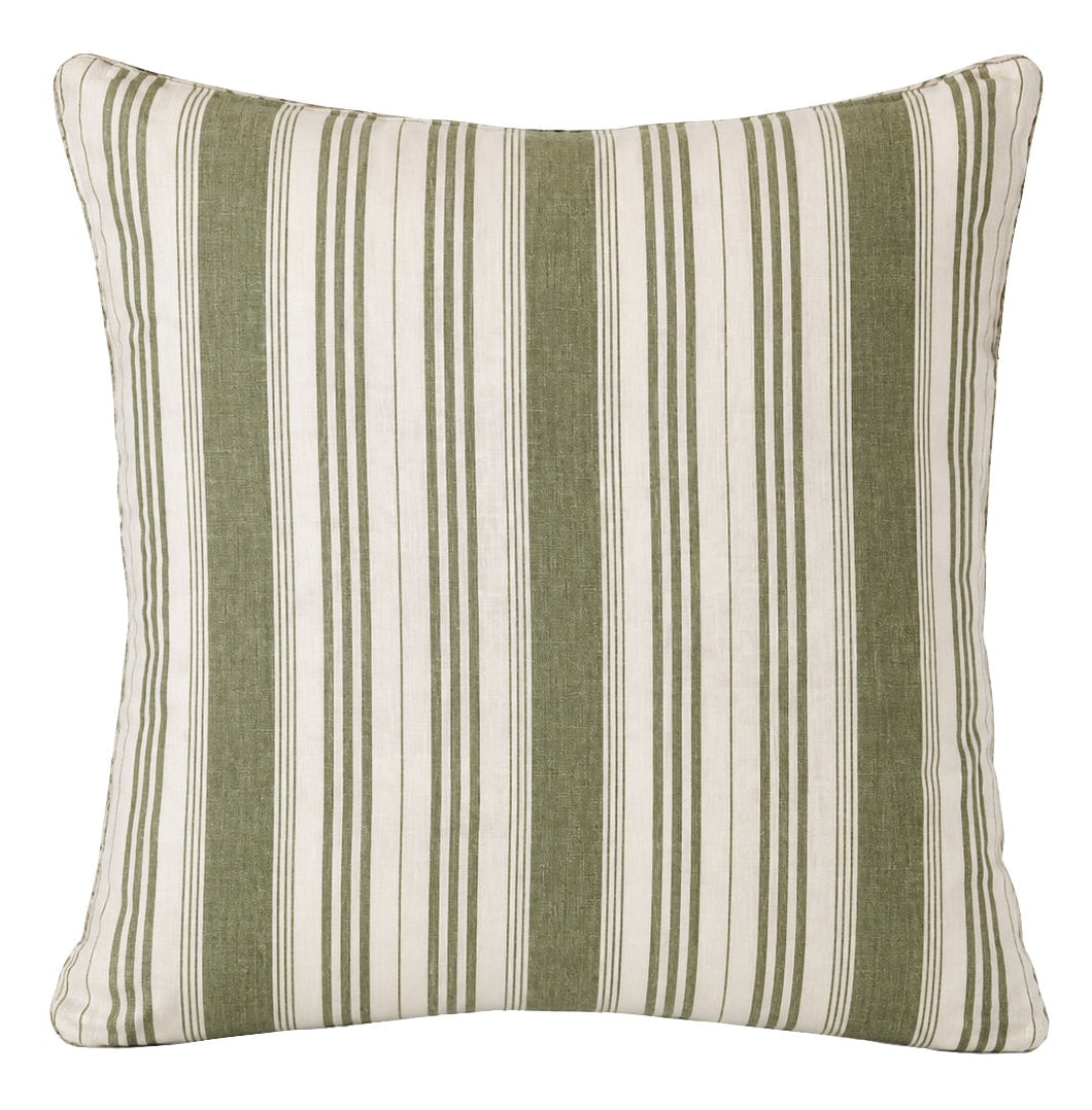 The Tasca Stripe Box Edge Pillow with Burlap Border by Hive Custom Pillows features vertical green and white stripes on luxury fabric, displayed against a white background.