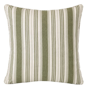 The Tasca Stripe Box Edge Pillow with Burlap Border by Hive Custom Pillows features vertical green and white stripes on luxury fabric, displayed against a white background.