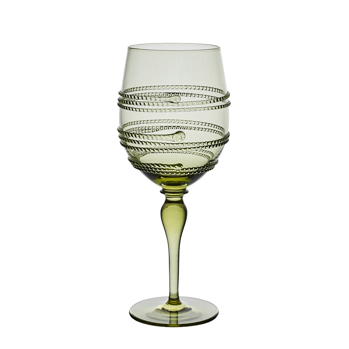 Raise a toast with this green-tinted wine glass from Juliska’s Ella Drinkware Collection, featuring a twisted, raised spiral wrapping around the bowl and elegantly perched atop a slender stem with a round base—artisan-crafted glassware inspired by classic Juliska mouth-blown designs.