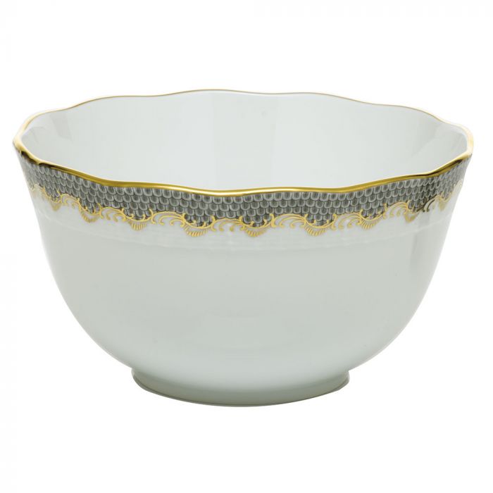 A bowl from the Herend Fish Scale Gray Collection, featuring a white ceramic base with an exquisite scalloped gold and gray design along the rim, reminiscent of classic Herend porcelain, displayed against a plain background.