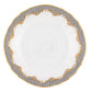 Round white porcelain plate from the Herend Fish Scale Gray Collection by Herend, featuring a detailed grey and gold scalloped pattern along the rim with exquisite hand-painted designs.