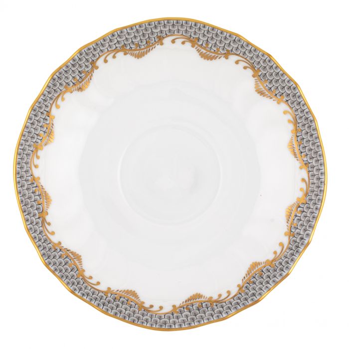 Round white porcelain plate from the Herend Fish Scale Gray Collection by Herend, featuring a detailed grey and gold scalloped pattern along the rim with exquisite hand-painted designs.