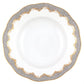 White ceramic plate from the Herend Fish Scale Gray Collection by Herend, featuring a wavy, scalloped edge with a gray and gold decorative pattern along the rim, reminiscent of Queen Victoria's era.