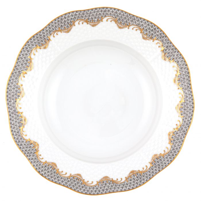 White ceramic plate from the Herend Fish Scale Gray Collection by Herend, featuring a wavy, scalloped edge with a gray and gold decorative pattern along the rim, reminiscent of Queen Victoria's era.