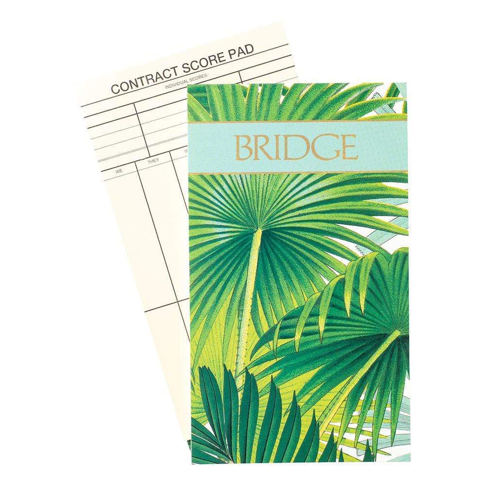 The Caspari Palm Fronds Bridge Gift Set features a contract bridge score pad with a tropical palm leaf cover, partially revealing the score sheet—ideal for pairing with cards or gifting in style.