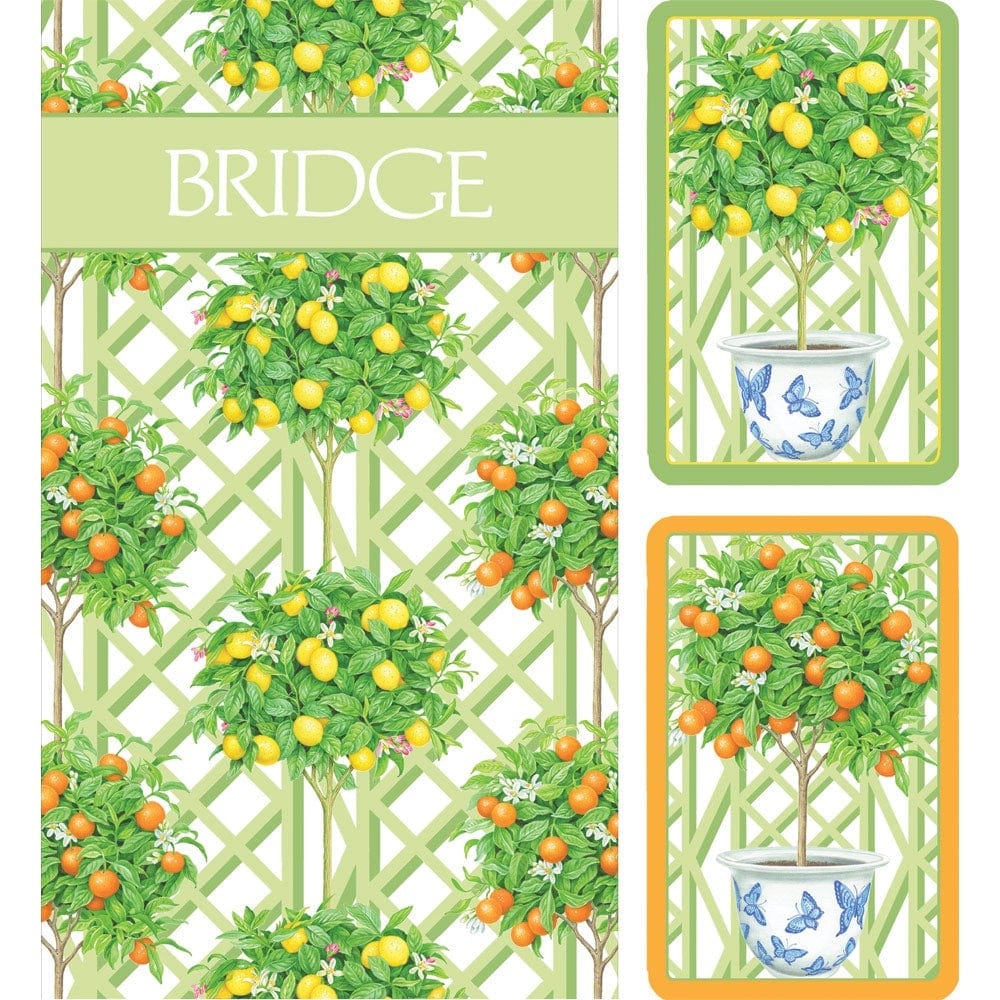 Caspari's Citrus Topiaries Bridge Collection features illustrations of citrus trees with green leaves and yellow-orange fruits in pots, set against a lattice background and labeled "BRIDGE" at the top.