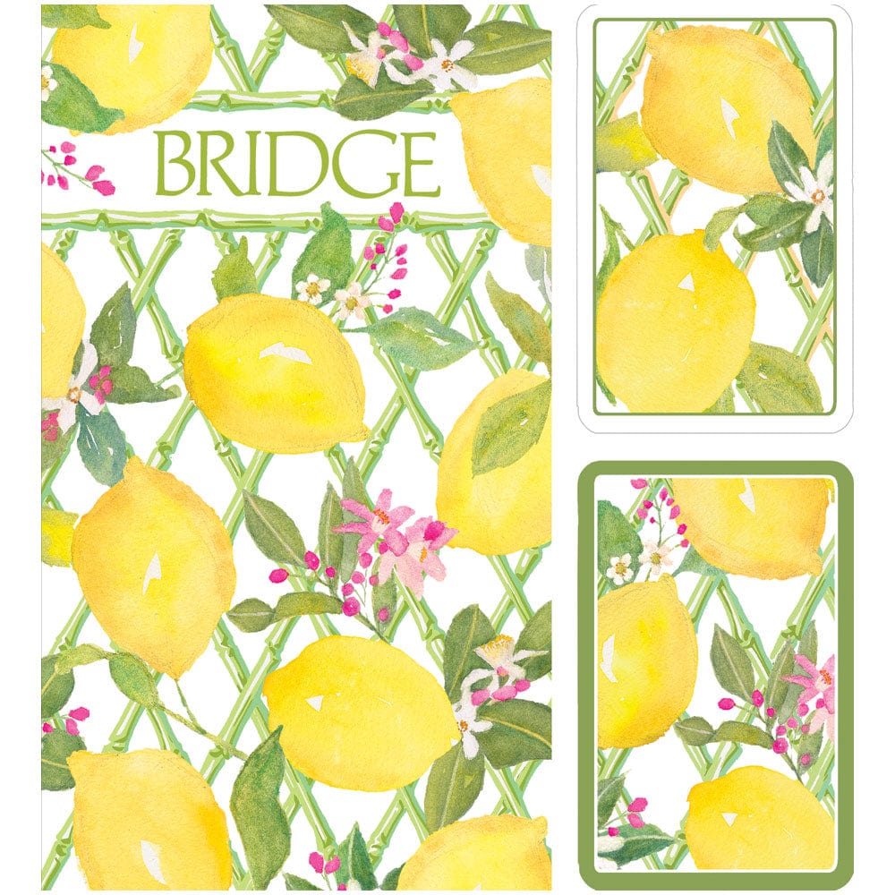 The Caspari Limoncello Bridge Collection features playing cards and a box adorned with watercolor lemons, green leaves, and pink flowers. "BRIDGE" is elegantly printed on the box—perfect for friendly games or your next bridge night.