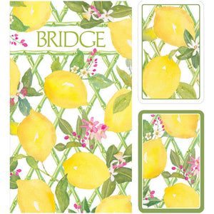 The Caspari Limoncello Bridge Collection features playing cards and a box adorned with watercolor lemons, green leaves, and pink flowers. "BRIDGE" is elegantly printed on the box—perfect for friendly games or your next bridge night.