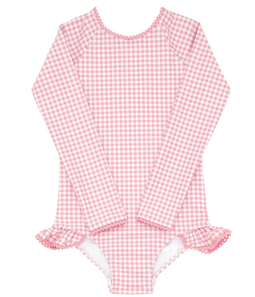 Pink and white gingham patterned Minnow Girls' Rashguard One Piece for girls with long sleeves and ruffled trim, featuring UPF 50+ protection, isolated on a white background.