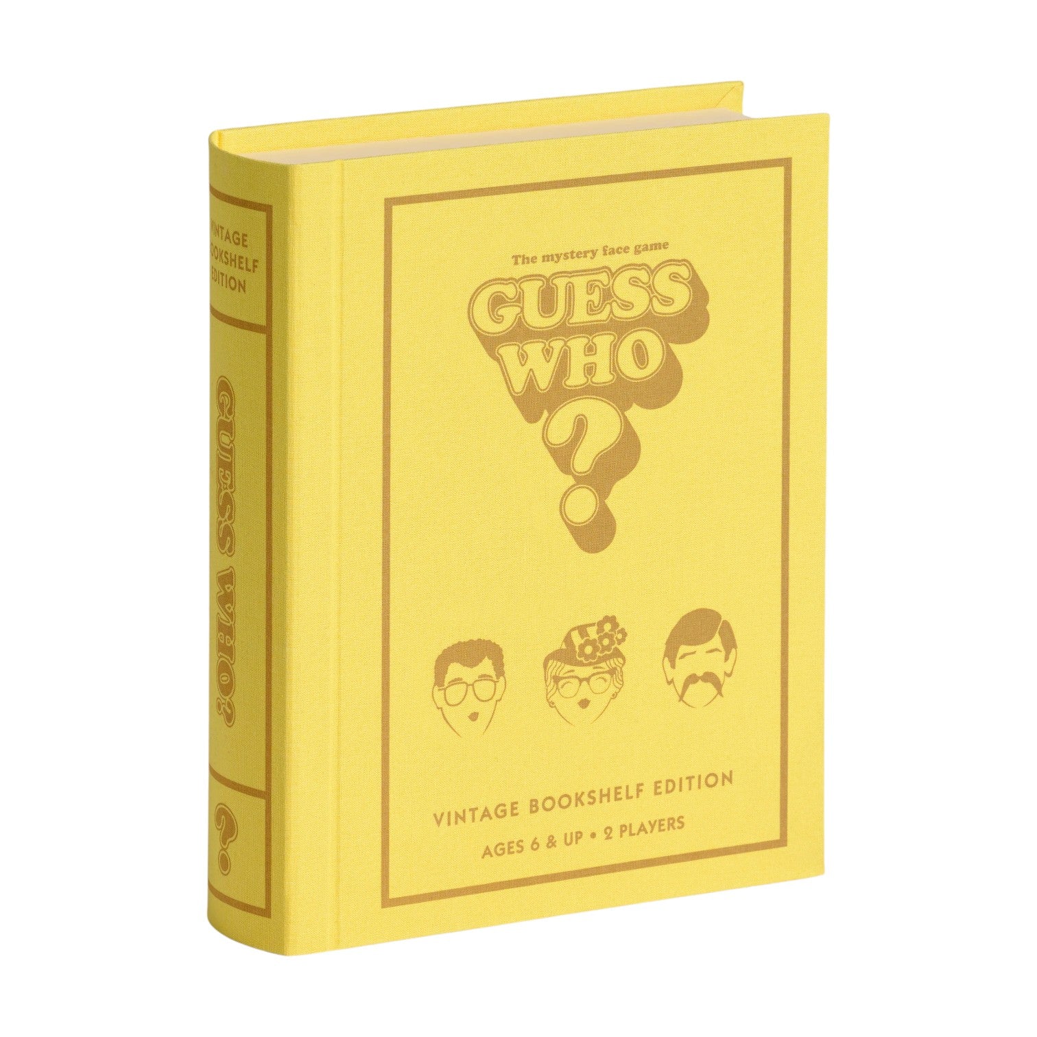 A yellow box resembling a book, labeled "Vintage Bookshelf Board Games" by WS Game Company, features three faces on the front—an elegantly designed edition of the classic game.
