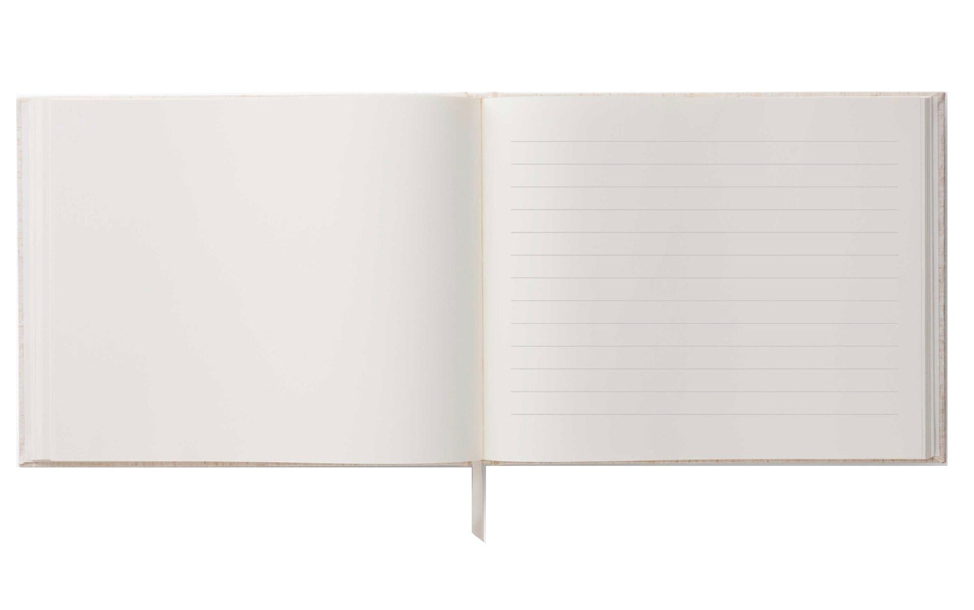 The Wildwood Embroidered Guest Book by Riffle Paper Co. features blank left pages, lined right pages, and a white ribbon bookmark at the center.