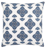 The Adil Decorative Outdoor Pillow by John Robshaw features a blue ornamental pattern on white, adding style to your patio. This square pillow is weather-resistant for lasting beauty outdoors.