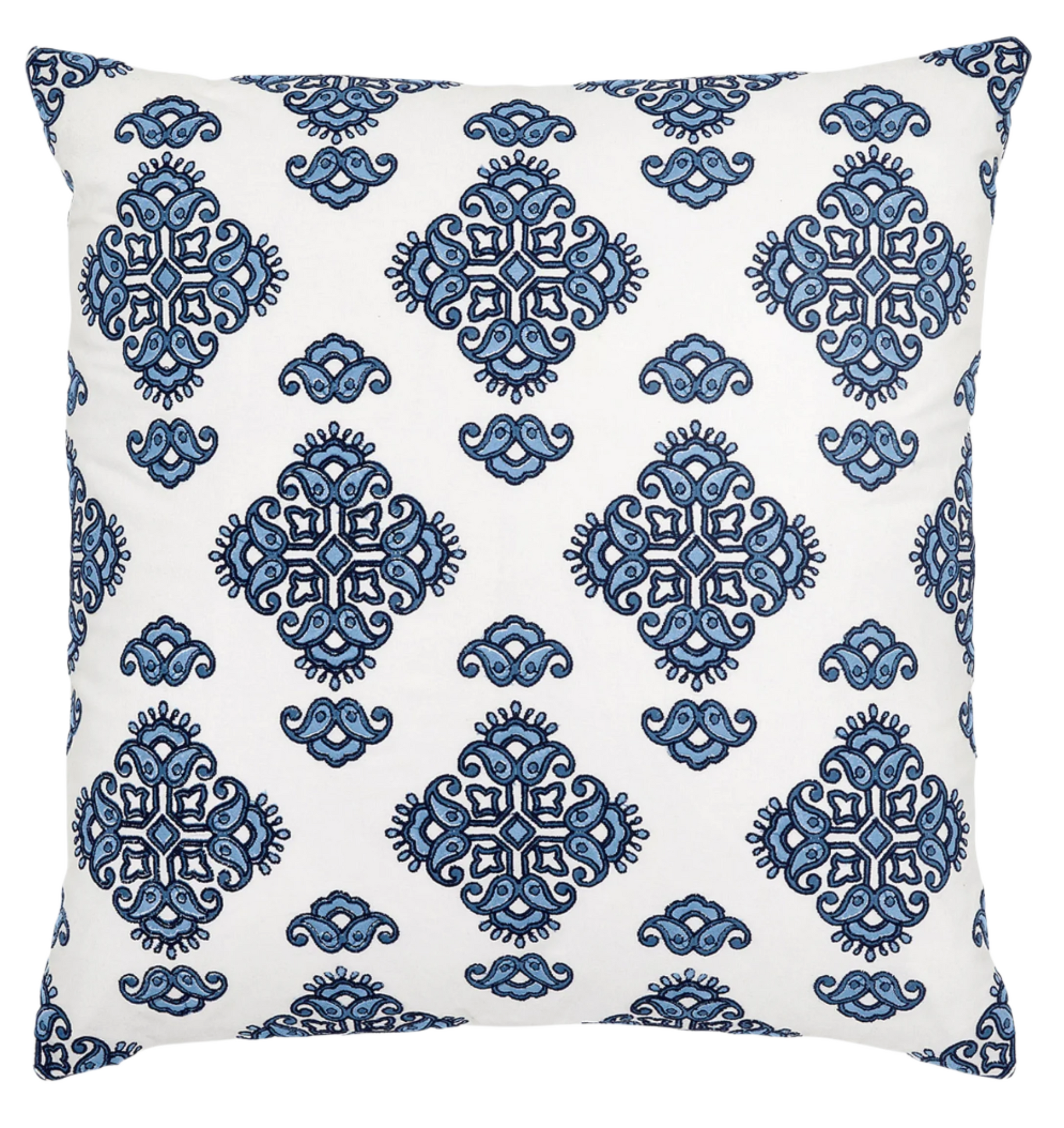 The Adil Decorative Outdoor Pillow by John Robshaw features a blue ornamental pattern on white, adding style to your patio. This square pillow is weather-resistant for lasting beauty outdoors.