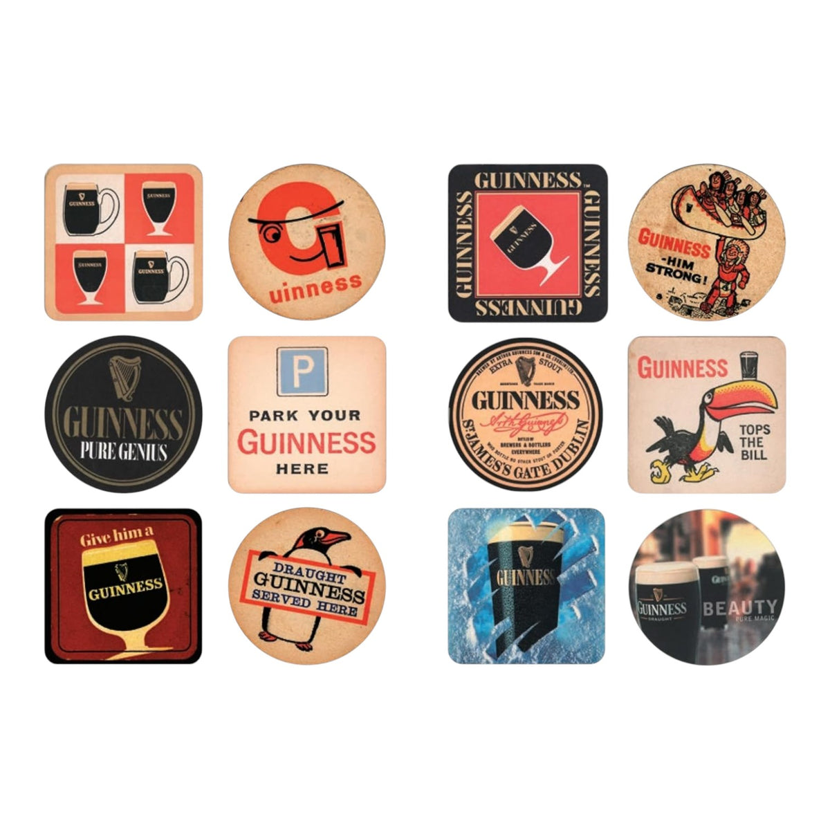 Twelve World of Guinness coasters by Penguin Random House, each showcasing vintage logos, advertisements, and Dublin-inspired brewing imagery, arranged in a 3 by 4 grid on a white background.