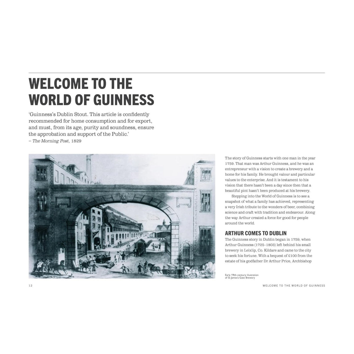 An historical illustration of Dublin is accompanied by text from *World of Guinness* by Penguin Random House, describing Arthur Guinness, the brand’s eighteenth-century origins, and insights into traditional brewing methods—alongside a quote from The Morning Post (1820).